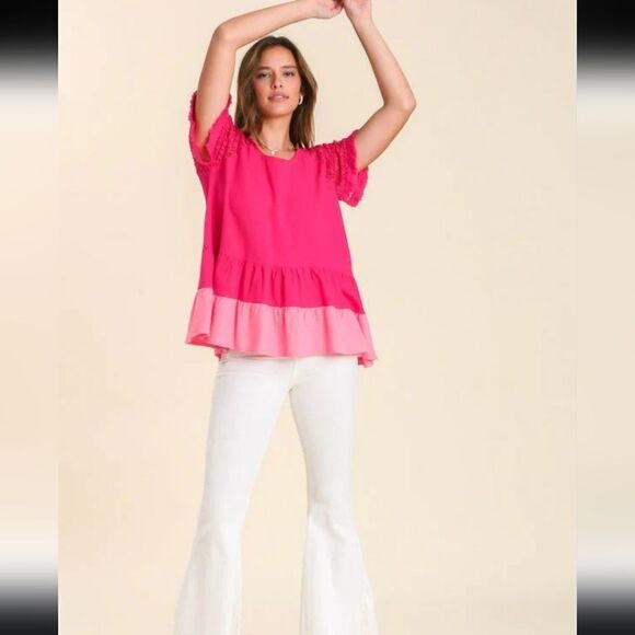 UMGEE Pink Tiered Babydoll Tunic Top with Crochet Sleeves - Picture 3 of 15
